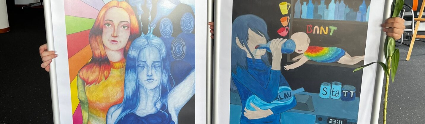 Zwei beim Plakat-Wettbewerb 'Bunt statt Blau' preisgekrönte Arbeiten